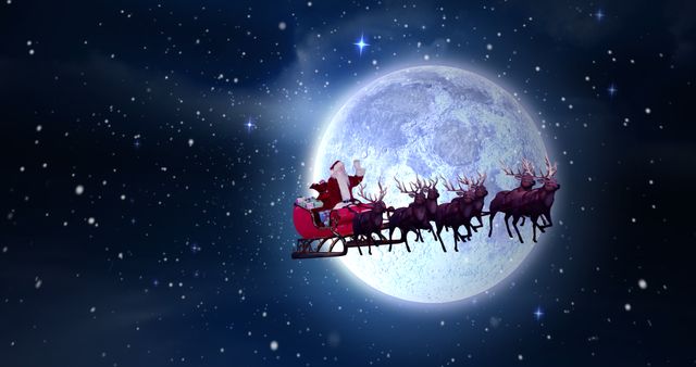 Santa in Sleigh Flying Over Moonlit Sky with Falling Snow - Download Free Stock Images Pikwizard.com