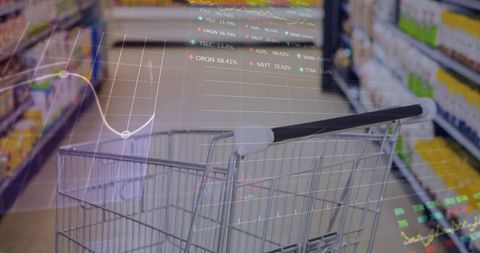 Pushing shopping cart down supermarket aisle with financial data overlay and market trends