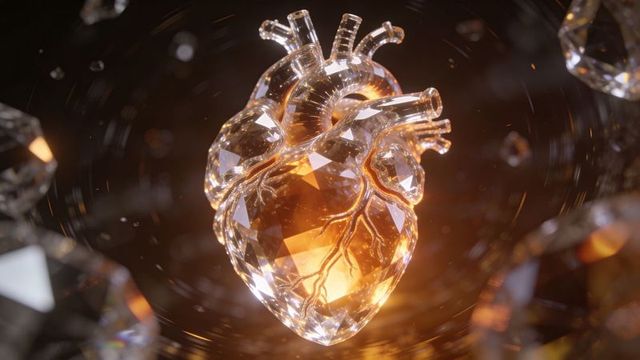 Glowing faceted crystal heart emitting amber light in dark void with floating shards