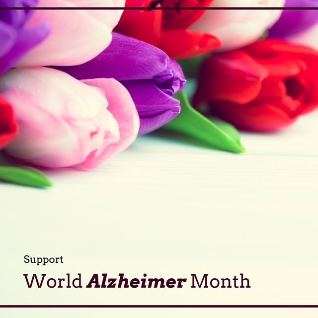 Vivid tulip arrangement highlights the importance of Alzheimer's awareness. Perfect for social media posts, awareness campaigns, healthcare promotions, or educational materials dedicating support to World Alzheimer's Month.