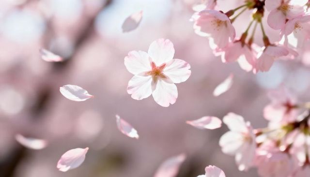 Delicate pink cherry blossom falling petals macro closeup with soft pastel bokeh