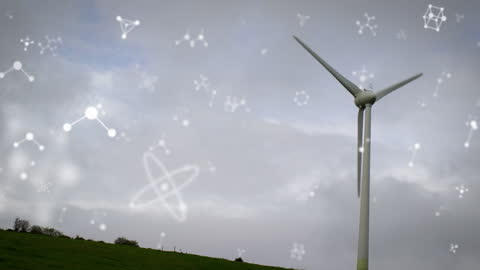 Wind Turbine with Animated Molecules Symbolizing Renewable Energy