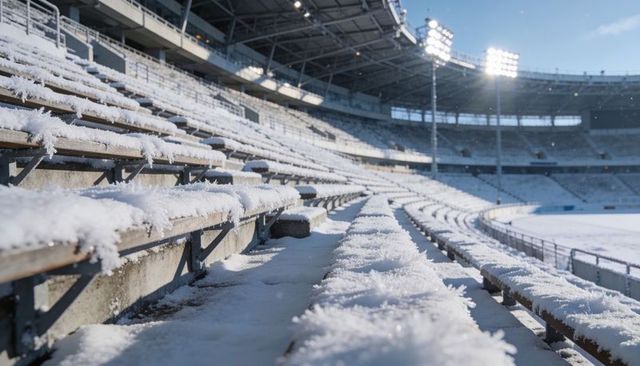 Snow-covered bleachers curling through frosted stadium under bright floodlights