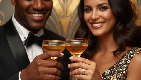 Luxury couple celebrating with champagne coupes clinking at glamorous black tie gala