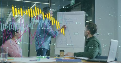 Business Meeting with Data Overlay Featuring Graph Presentation