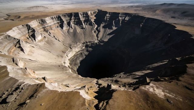 Massive circular sinkhole cutting into arid plateau, terraced walls and deep central void