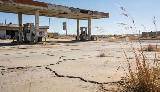 Standing abandoned gas canopy sheltering cracked concrete on desolate desert highway