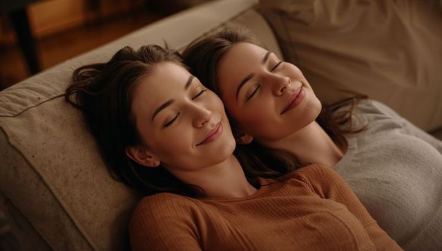 Two women resting together on beige couch at home embracing quiet intimacy and cozy calm