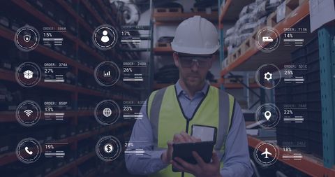Warehouse Worker Using Digital Tablet with Process Data Icons - Download Free Stock Images Pikwizard.com
