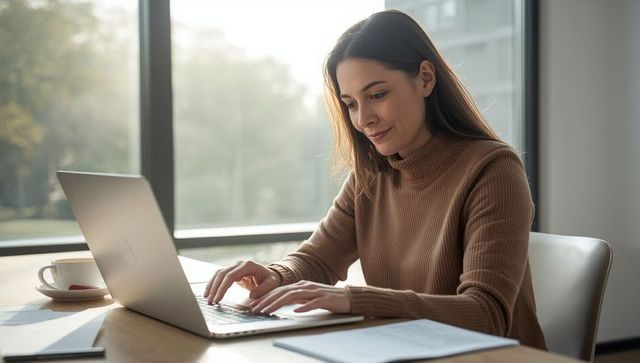 Confident Businesswoman Typing on Laptop in Bright Office