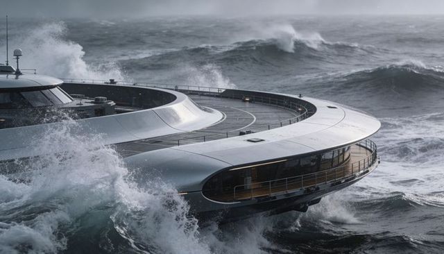 Futuristic superyacht plowing through stormy ocean waves with rounded forward deck
