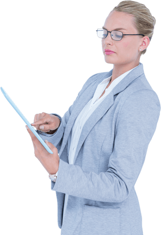 a focused businesswoman wearing glasses uses a tablet with determination, ideal for representing technology-focused presentations, website designs simulating interactive business environments, or educational materials on digital competence. the transparent background allows seamless integration into various visual and digital projects, enhancing themes of professionalism and technological proficiency.