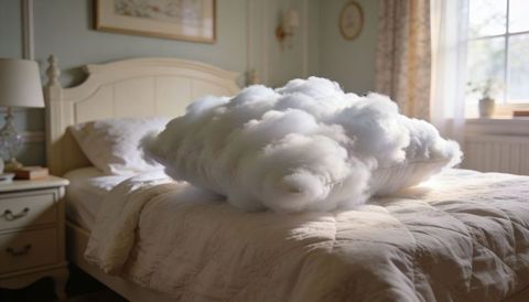 Dreamy cloud-like cushion resting on quilted bedspread in sunlit cozy bedroom