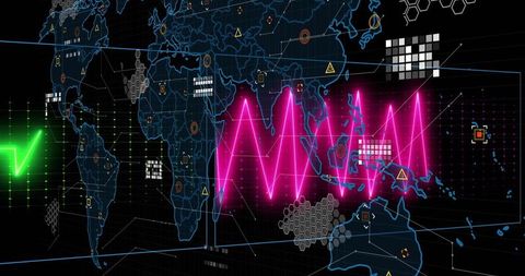 Neon Waveform on World Map with Futuristic Data Visuals
