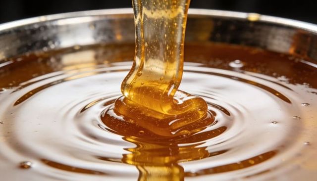 Amber honey pouring thick ribbon drizzling into reflective bowl with ripples and bubbles