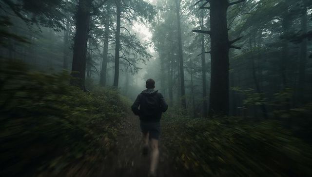 Man running on misty forest trail with adventure vibes