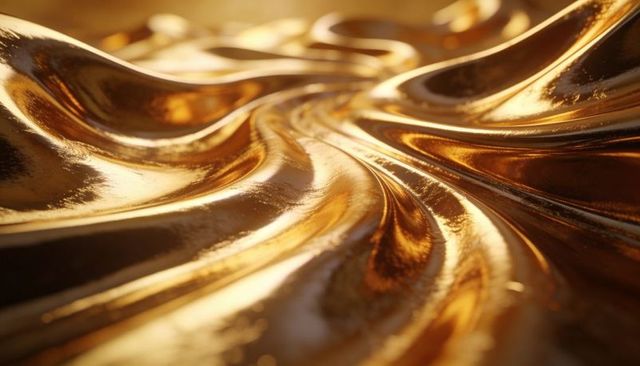 Liquid gold flow: glossy metallic ridges and fluid reflections macro luxury background