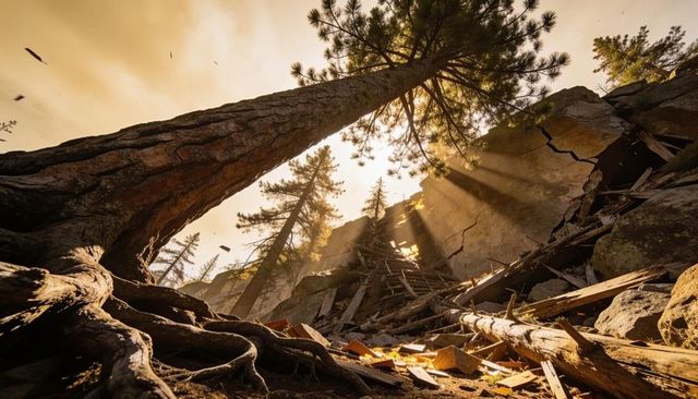 Leaning pine trunk rising from twisted roots catching golden sunbeams on rocky slope