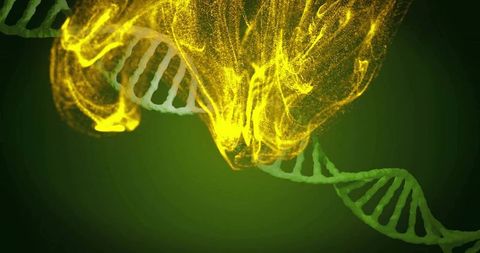 Green dna double-helix glowing and emitting yellow particle cloud for biotech visualization