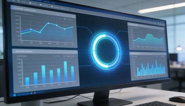 Wide curved monitor displaying futuristic analytics dashboard with neon hud and data charts