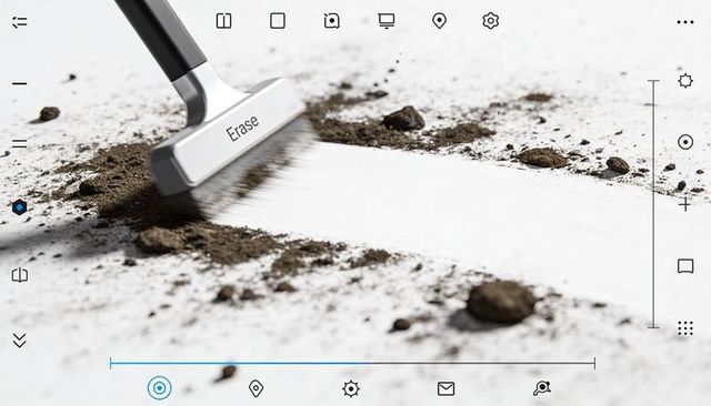 Digital eraser tool brushing soil away revealing clean white canvas with ui overlay