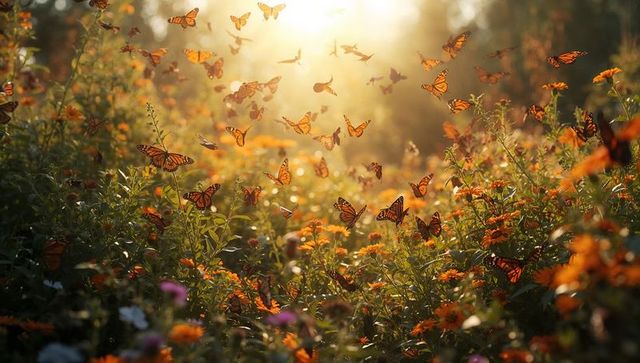 Butterflies fluttering over lush wildflower field at sunrise