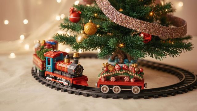 Vintage toy train circling christmas tree with festive wagons and sparkling ornaments
