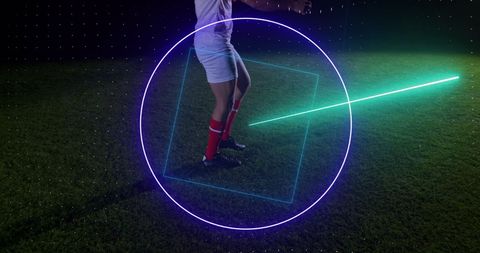Soccer player on field with digital graphics overlay demonstrating technology