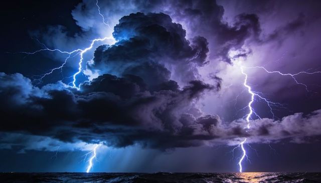 Twin lightning bolts striking turbulent ocean beneath towering thunderhead clouds