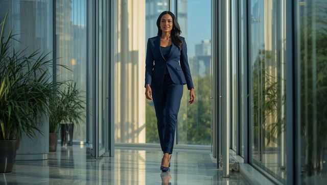 Confident corporate woman striding down glass corridor in navy suit, executive leadership