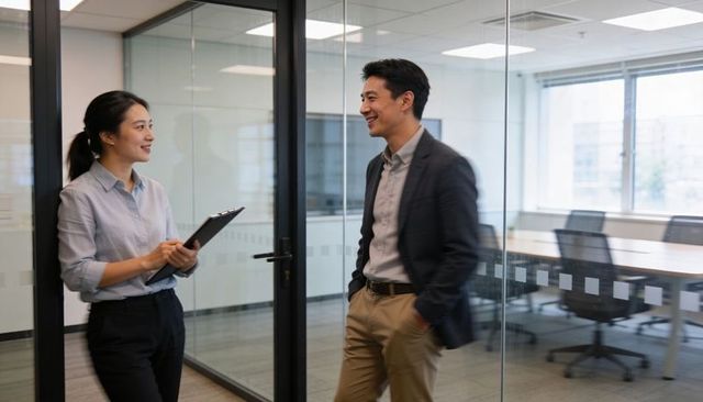 Colleagues discussing beside glass partition holding clipboard in modern daylight office