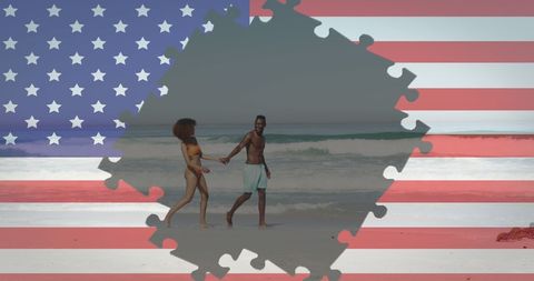 Couple Dancing on Beach with American Flag Overlay