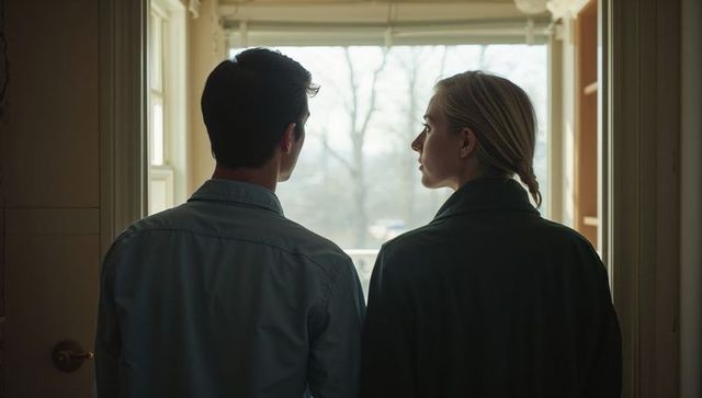 Couple standing in entryway gazing through backlit window during quiet winter morning