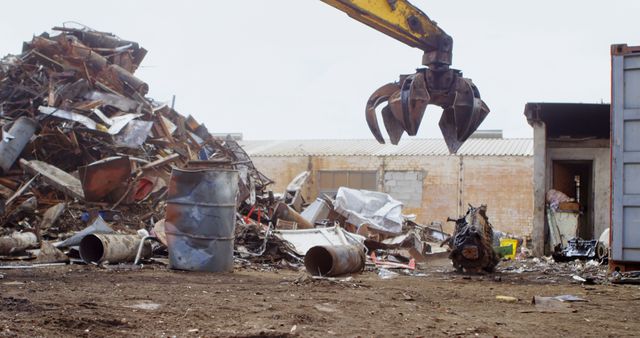 Large excavator claw sorting metal scrap in a junkyard with a pile of debris in the background. Ideal for illustrating construction sites, industrial processes, environmental impact, waste management, or recycling operations.