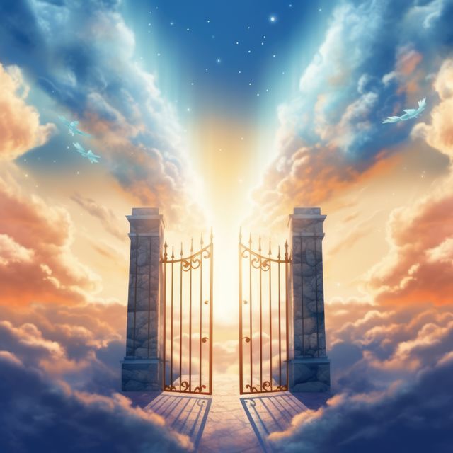 Depicts magnificent heavenly gates amidst glowing clouds and sunlight. Ideal for themes like spirituality, religion, divine realms, heavenly entrance, and peaceful scenery for books, websites, and artistic projects.