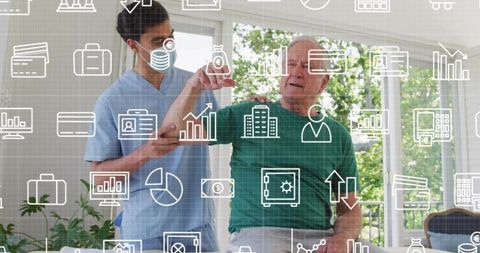 Masked caregiver guiding senior through arm rehabilitation and mobility exercise at home