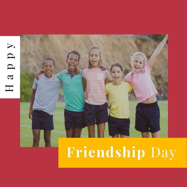 Perfect for celebrating Friendship Day or similar social events, this vibrant image features a diverse group of children smiling and enjoying each other’s company outdoors. It captures themes of unity, diversity, and joyful interaction, making it ideal for use in social campaigns, educational content, and community-building activities.