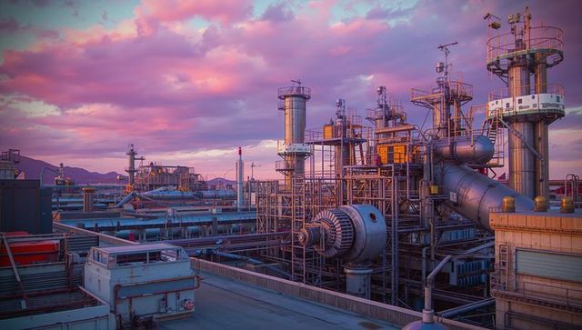 Industrial Refinery at Dusk with Glowing Towers and Clouded Sky