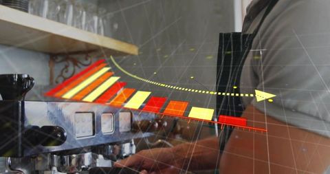 Barista Operating Espresso Machine with Augmented Reality Performance Graph Overlay