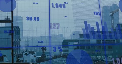 Financial data and graphs over cityscape aesthetic background