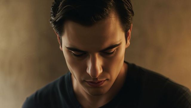 Tilting head downward man contemplating warm soft studio lighting moody cinematic headshot