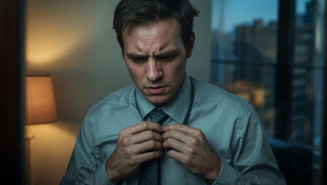 Tense businessman loosening tie in hotel room at night conveying stress and exhaustion