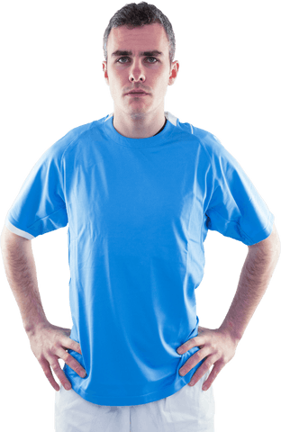 Transparent background of serious male athlete in blue sportswear