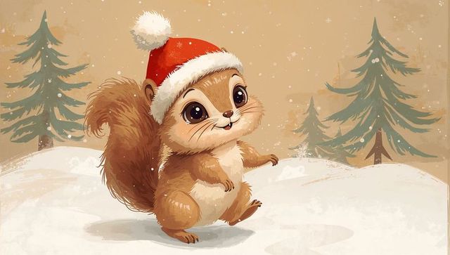 Cute Squirrel Wearing Santa Hat on Snowy Hill Winter Holiday Illustration for Kids