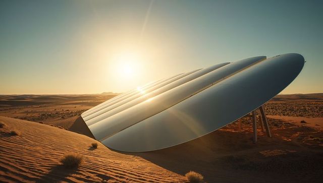 Curved Metallic Installation Reflecting Sunrise Over Desert Dunes With Futuristic Panels