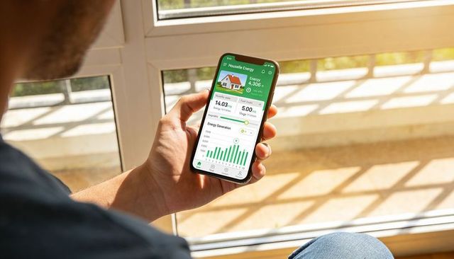 Homeowner Checking Solar Energy App on Smartphone by Sunlit Window