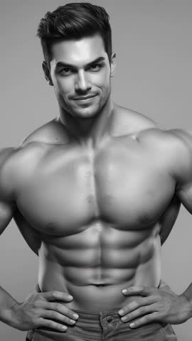 Vertical fitness video showing shirtless muscular model smiling and moving gaze, studio grey