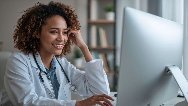 Smiling female doctor typing on computer at clinic desk with stethoscope and monitor