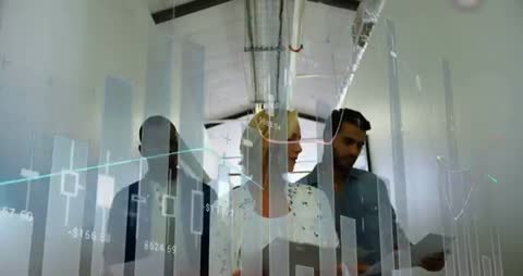 Multiracial Team Analyzing Dynamic Financial Charts in Office Corridor