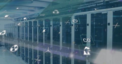 data processing and environmental icons overlay in modern server room - Download Free Stock Images Pikwizard.com